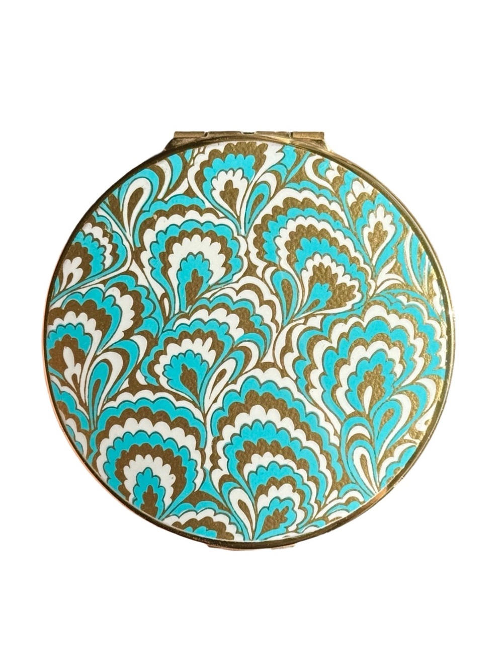 Vintage Mid Century Stratton Retro Mod Aqua&Gold Filigree Paisley Round Compact